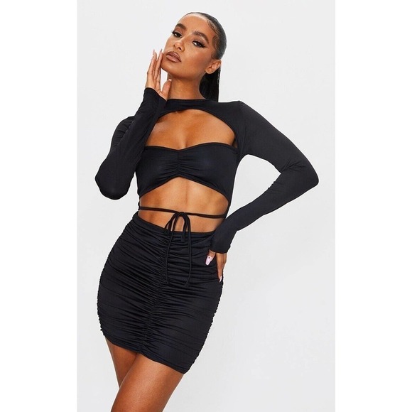 Prettylittlething Size 8 Slinky Cut Out Tie Detail Ruched Bodycon Dress Black - Picture 1 of 6